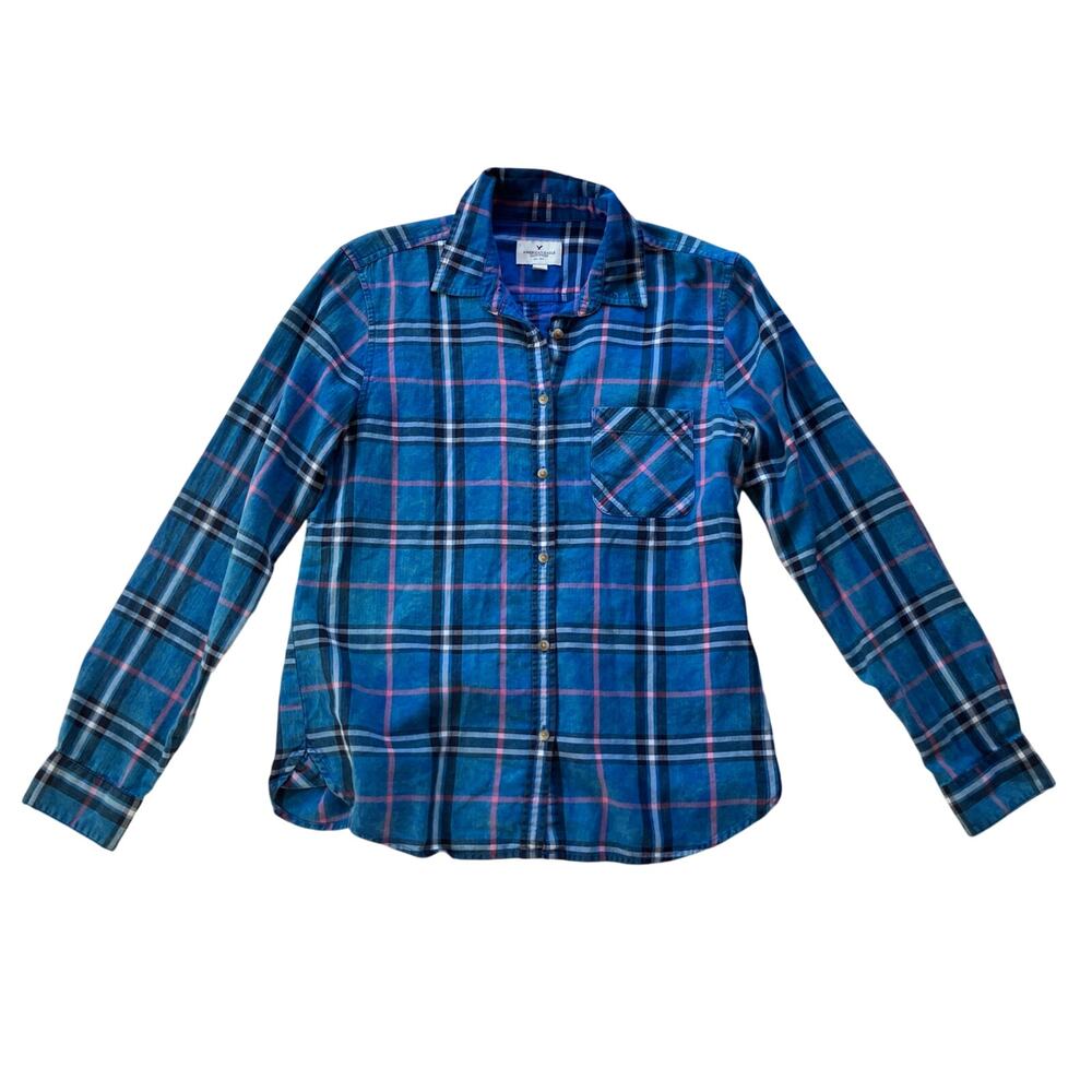 American Eagle Outfitters Plaid Button Down Shirt Size M Blue Pink